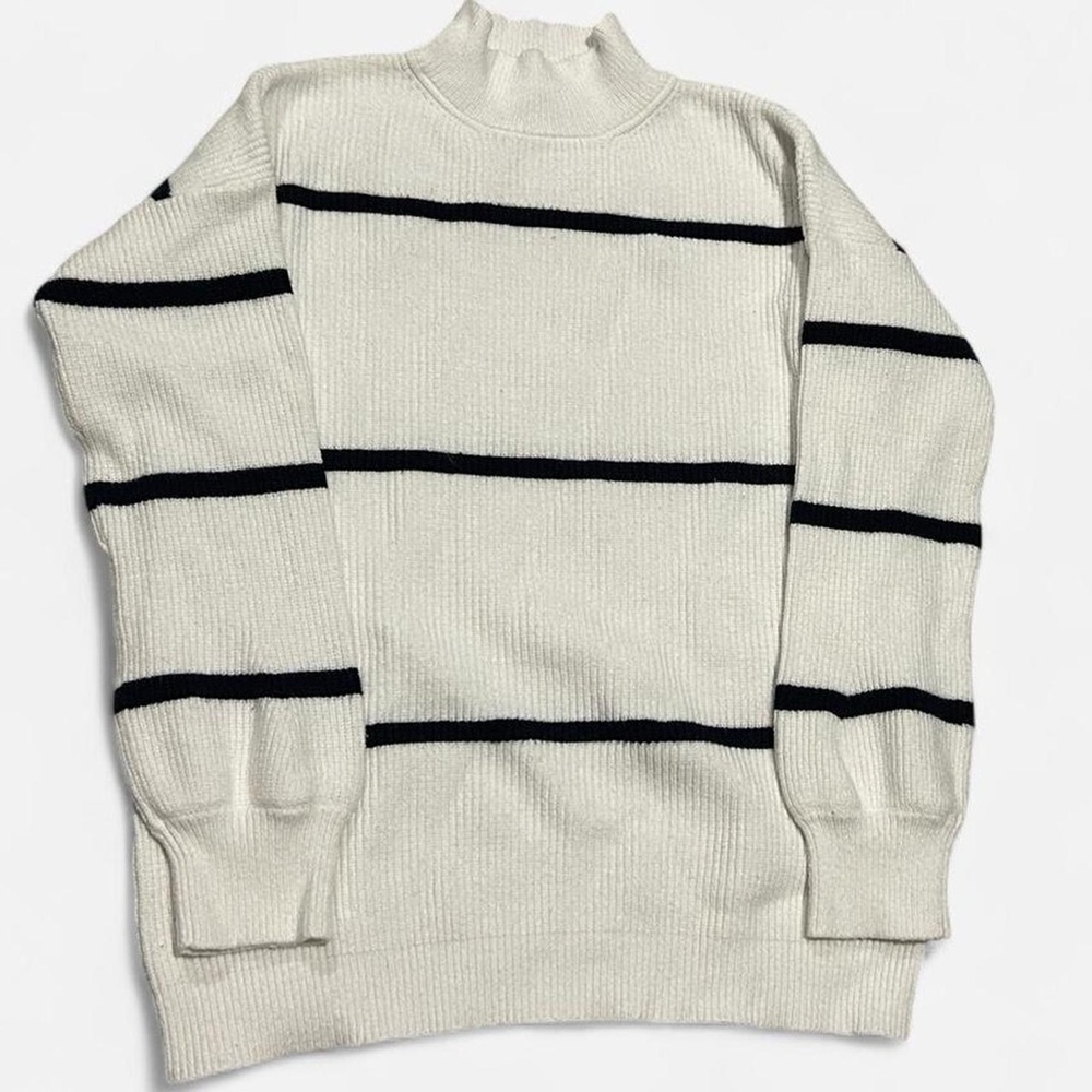 Calvin Klein Cream Turtleneck Sweater with Black Stripes